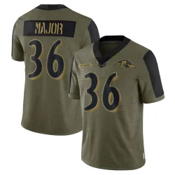 Men's Marcus Major Baltimore Ravens No.36 Limited 2021 Salute To Service Jersey - Olive