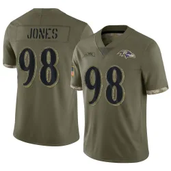 Men's Travis Jones Baltimore Ravens No.98 Limited 2022 Salute To Service Jersey - Olive
