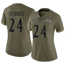 Women's Malaki Starks Baltimore Ravens No.24 Limited 2022 Salute To Service Jersey - Olive