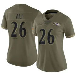 Women's Rasheen Ali Baltimore Ravens No.26 Limited 2022 Salute To Service Jersey - Olive