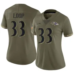 Women's Tyler Loop Baltimore Ravens No.33 Limited 2022 Salute To Service Jersey - Olive
