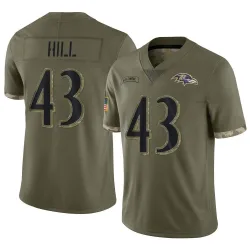 Youth Justice Hill Baltimore Ravens No.43 Limited 2022 Salute To Service Jersey - Olive
